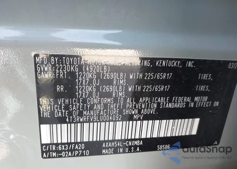 2020 Toyota Rav4 Hybrid Xle из США, поврежденный, VIN 4T3RWRFV9LU004092